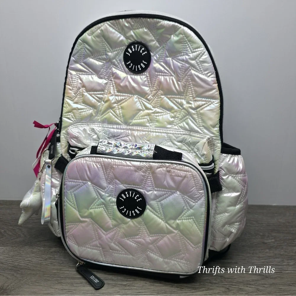 Justice Iridescent White Puffy Star Backpack with Lunch Box and Charm 17in